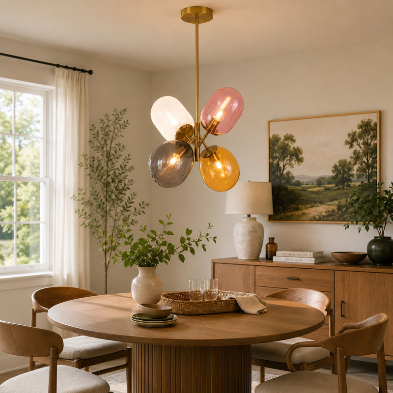 Lustre 4 lumières avec abat-jour en verre multicolore pour la salle à manger