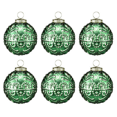 Ensemble de 6 boules de Noël suspendues en verre vert foncé gaufré de 3,9 pouces avec motif en relief rétro perlé et capuchon décoratif en aluminium pour 6 pièces de décoration de fête intérieure classique