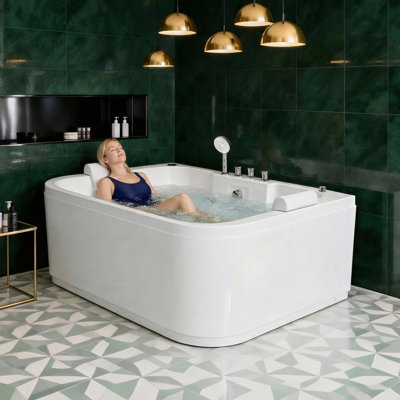 61-Inch Acrylic Double Massage Bathtub With 16 Water Jets, LED Lighting, And A Heater