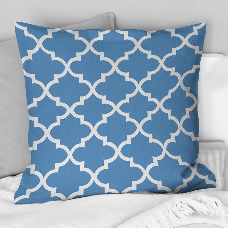 Bleu, blanc, quadrilobe à motifs I - coussin décoratif moderne, H 16 po x l 16 po