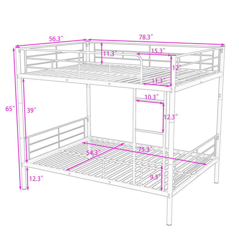 Full Over Full Metal Bunk Bed With Center Legs, Splitable Into 2 Beds, Silver