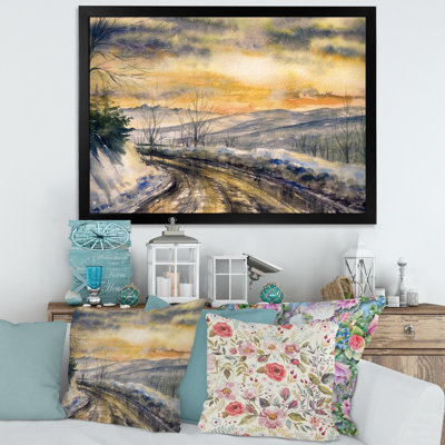 «Winter Landscape With Road Under Bright Sunset», reproduction d'art sur toile