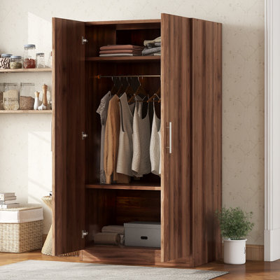 Brown 2-Door Wood Armoire Wardrobe with Hanging Rod and 3 Adjustable Shelves for Bedroom Storage