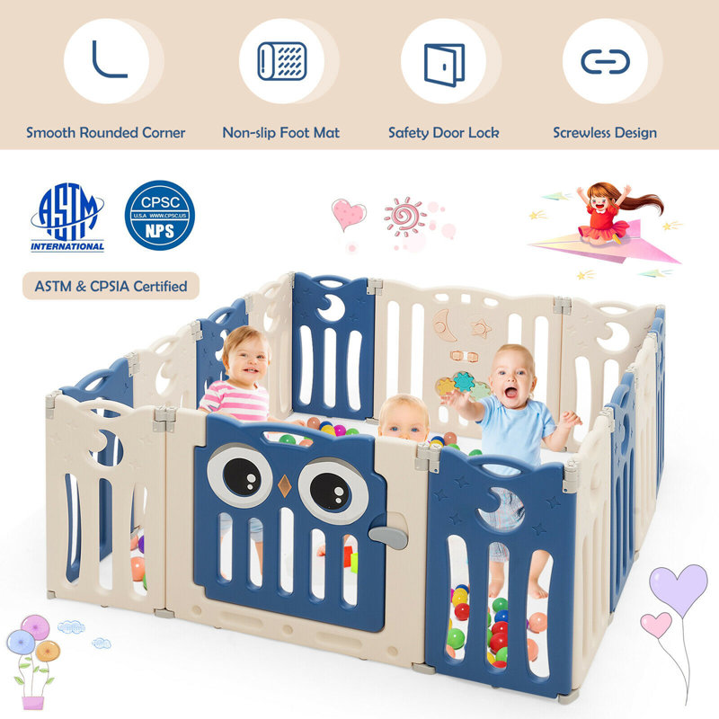 Gymax Blue and Beige Foldable Baby Playpen with Lock Door
