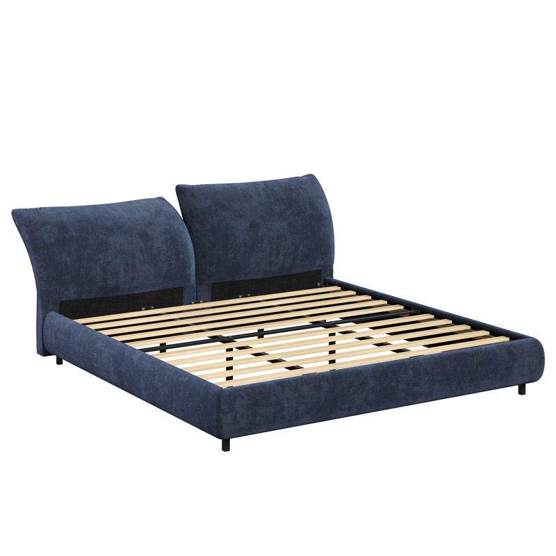 Miheli Upholstered Bed With Adjustable Headboard & Wooden Frame, Dark Blue, Queen