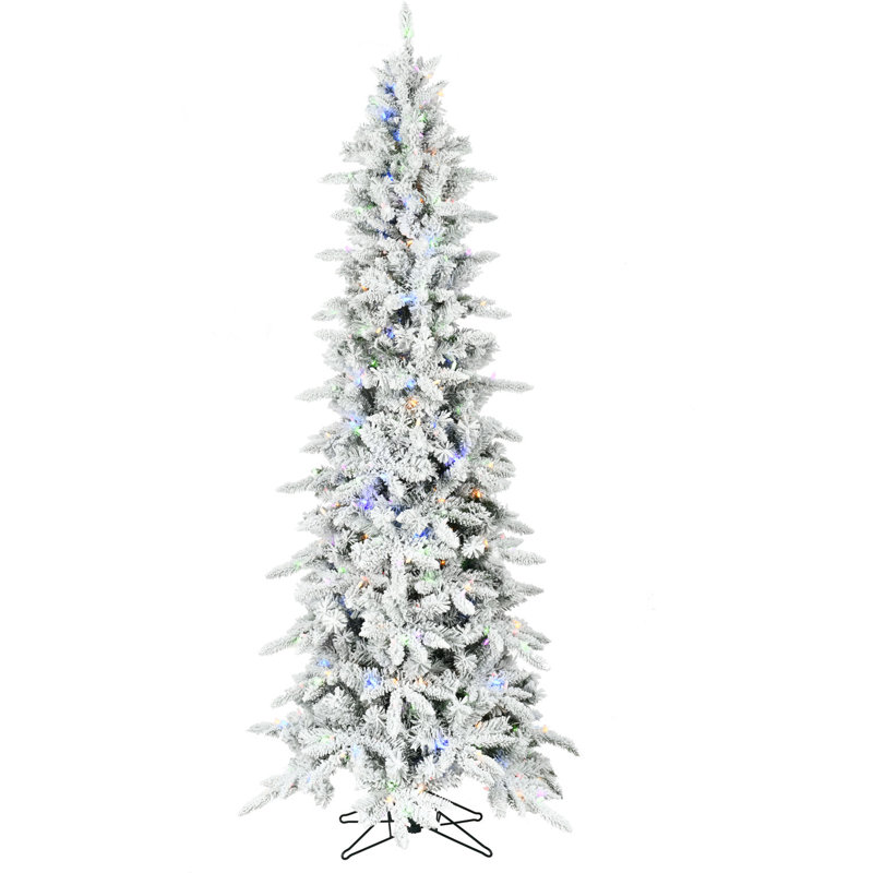 Slim Flocked 7.5-Foot Mountain Pine Christmas Tree with Multicolor LED Lights