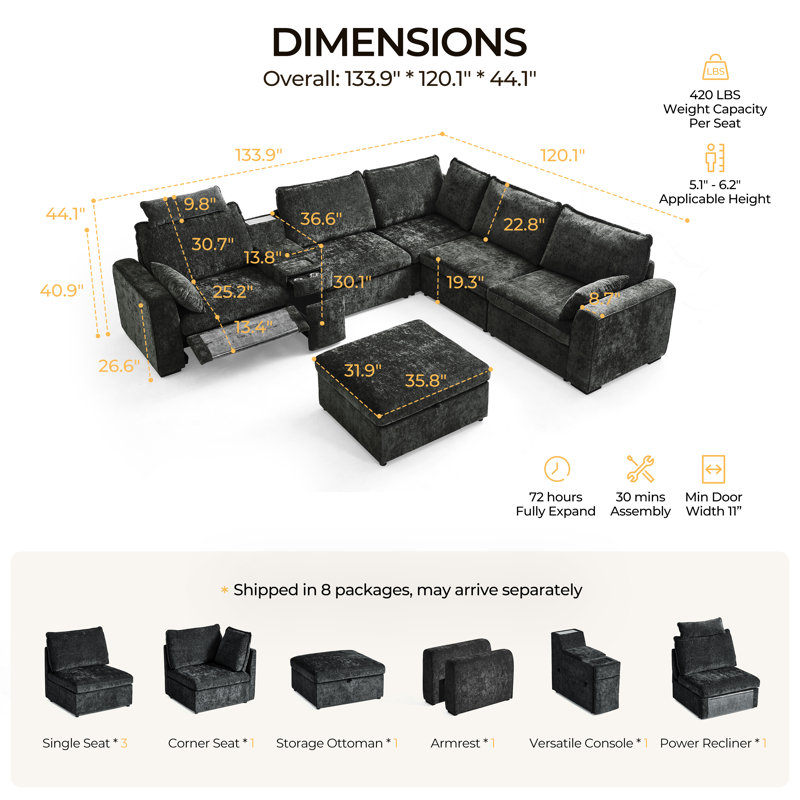 6-seater Oversized Modular Sofa Comfy Cloud Couch With Storage, Chenille Deep Convertible Sectional Sleeper Sofa Bed, Pet Friendly Covers Washable With Ottomans