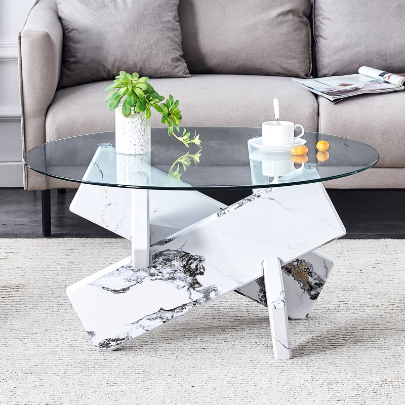 Table basse ronde avec pieds stables et plateau en verre trempé, base de soutien 33,4 33,4 po