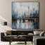 Impression sur tissu grand format - Motif bleu-gris représentant la silhouette d'une ville et un pont, idéal pour le salon ou la chambre - « Assemblage du cadre requis (cadre non fini) »-135869654
