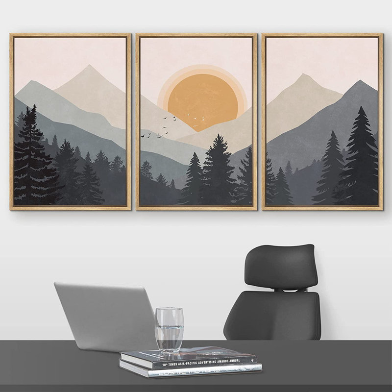 «Pastel Mountain Lake Reflection Abstract Nature», ensemble de 3 impressions, H 24 po x l 48 po, Toile avec cadre flottant