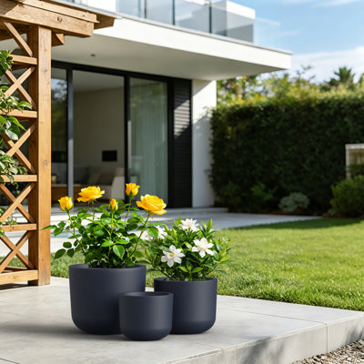 Set of 3 Round Concrete Planters, 9/11/13 Inch Modern Indoor&Outdoor Plant Pot Set, Charcoal Gray
