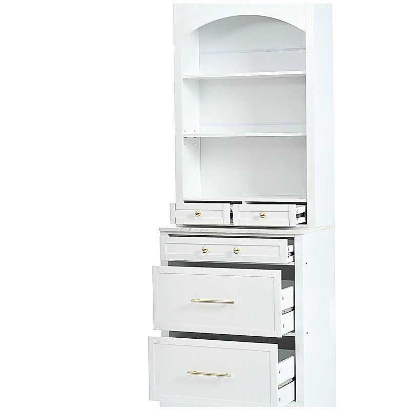 [Vidéo d'assemblage fournie] Armoire de rangement de 83,7 po de hauteur moderne TopMAX, armoire de cuisine haute autoportante avec plateau en marbre artificiel, armoire de présentation avec 5 tiroirs de rangement et tablettes réglables, blanc