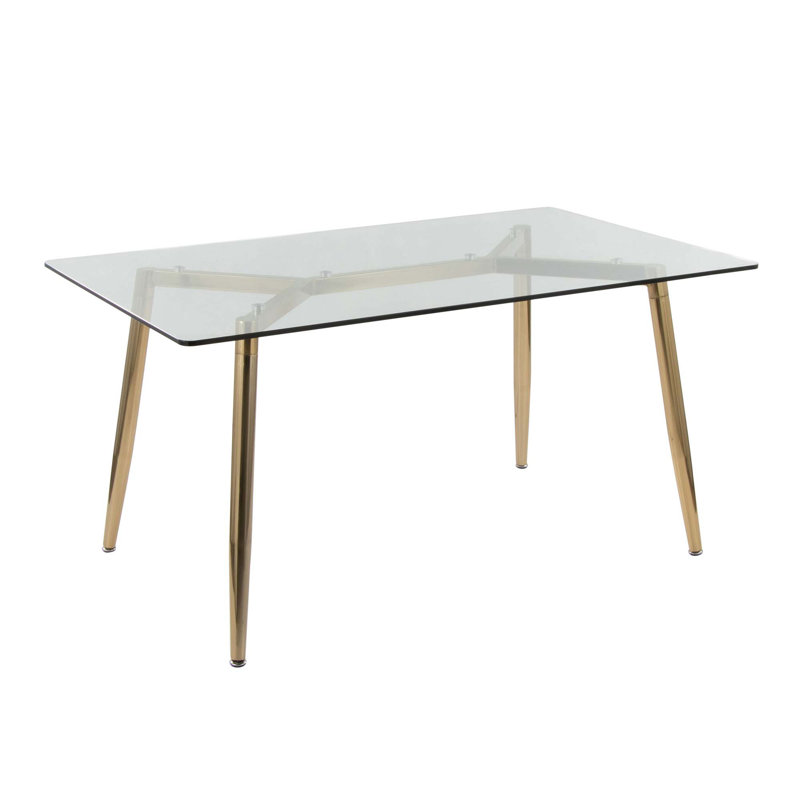 Table de salle à manger en métal doré et verre transparent
