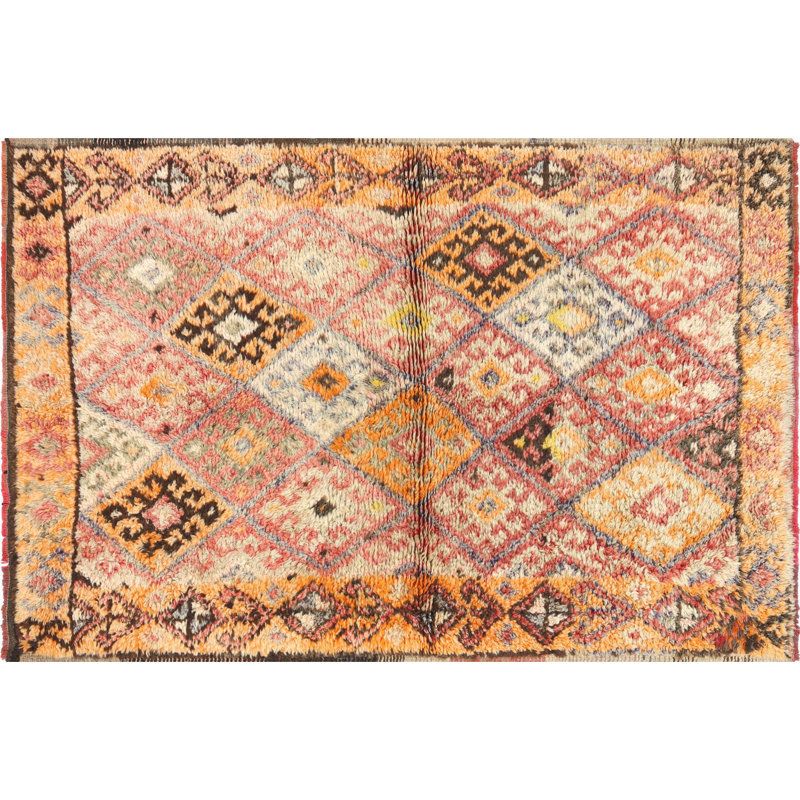 Tapis unique en laine noué à la main de style années 1960 de 3 pi 9 po x 5 pi 7 po en orange / noir / rouge / beige