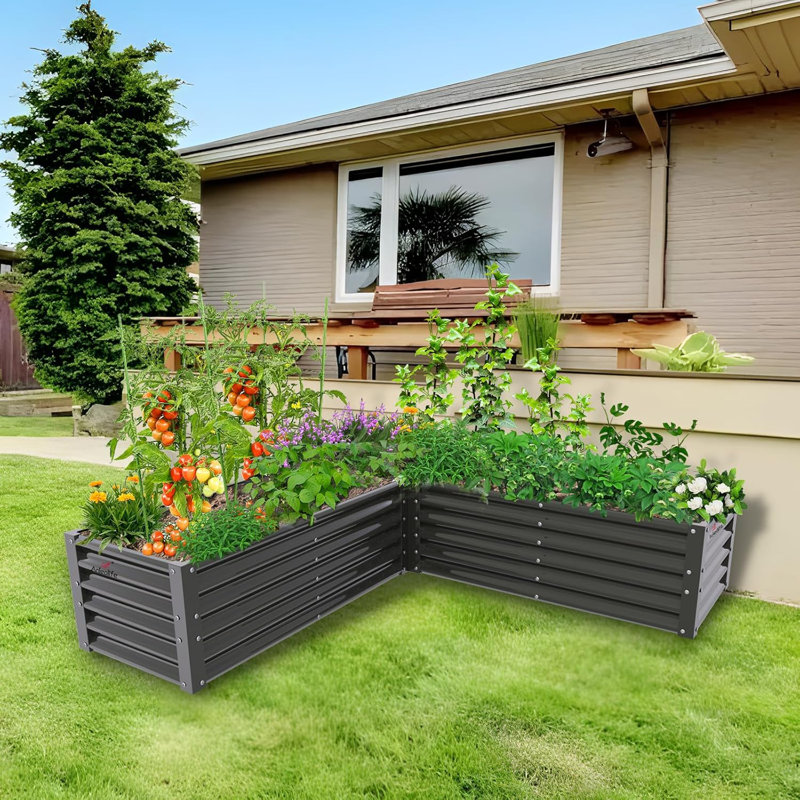 L-Shaped Galvanized Raised Garden Beds Outdoor,74X74X18In Large Metal Planter Box, Gray