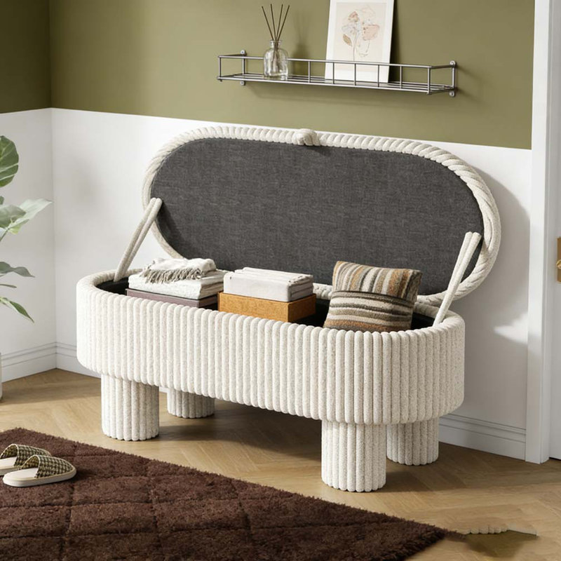 Banc de rangement rembourré avec couvercle relevable, Beige