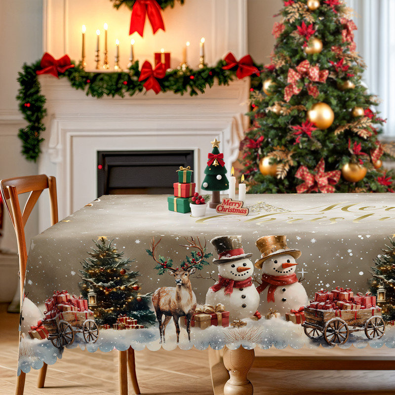 Grayish-White Washable Christmas Snowman Pattern Polyester Tablecloth, 86.6" L x 70.8" W