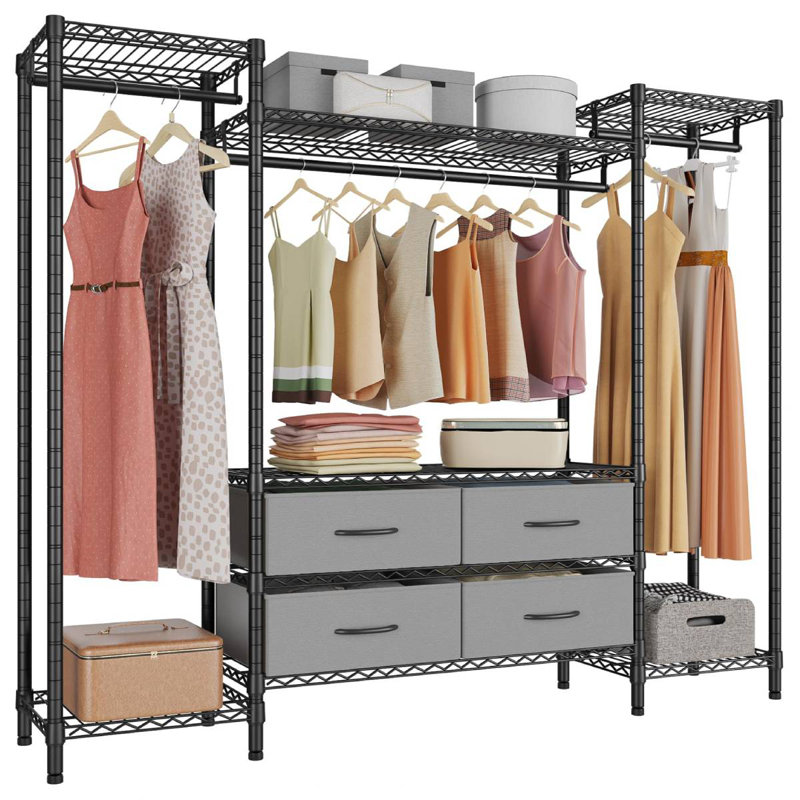 Nicholaos 180cm H x 154cm W Metal Clothing Rack with 6 Shelves, 3 HangRods, and 4 Fabric Drawers, Black/Grey
