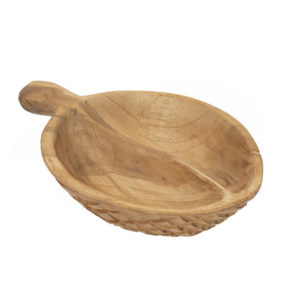 9.1X5.9X2.8" Teak Wood Decorative Bowl With Handle Natural Brown Color