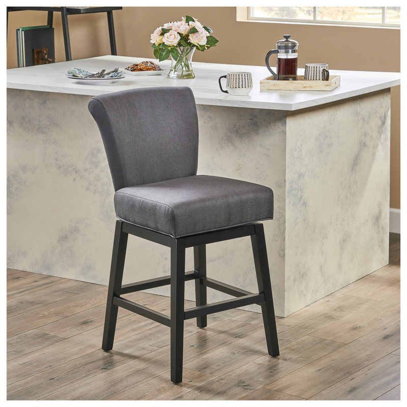 Tabouret de comptoir pivotant en tissu gris anthracite avec pieds en bouleau, siège d'une hauteur de 27,5 po