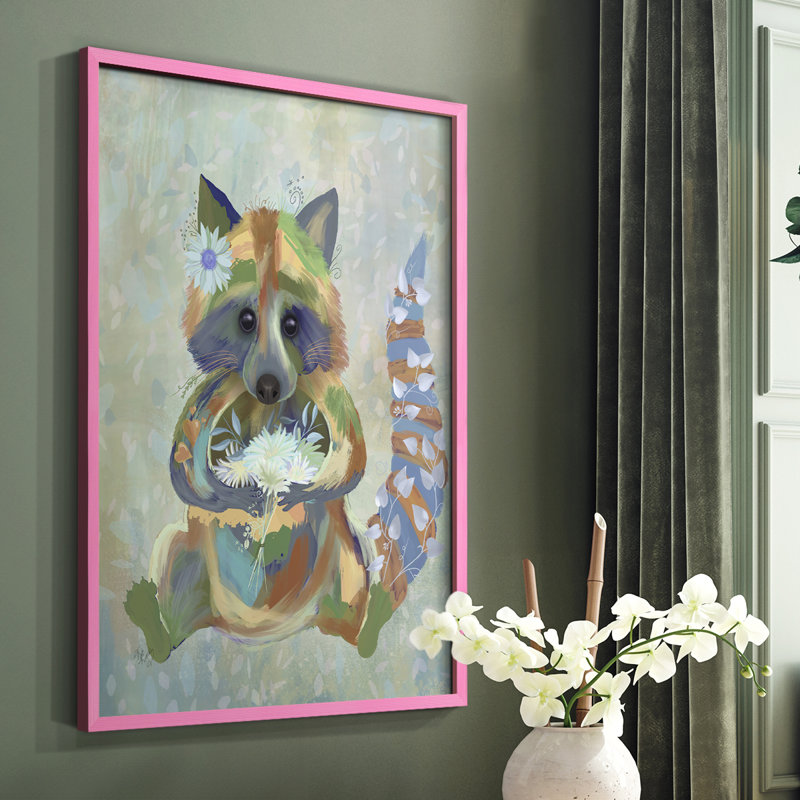 Fantastic Florals Raccoon, reproduction encadrée - bois massif, Rose, H 10 po x l 8 po
