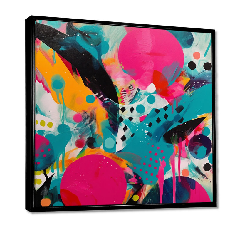 Art abstrait sur toile rose et turquoise abstraite I, 44" H x 44" W, Cadre flottant noir