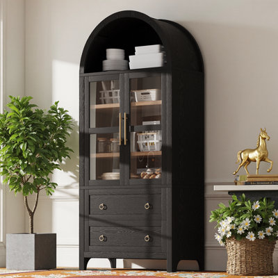 71" Tall Arched Farmhouse Kitchen Pantry Cabinet with Glass Doors | Storage Cabinet with 2 Large Drawers & Adjustable Shelves, Wood Cupboard for Kitchen, Dining Room & Living Room
