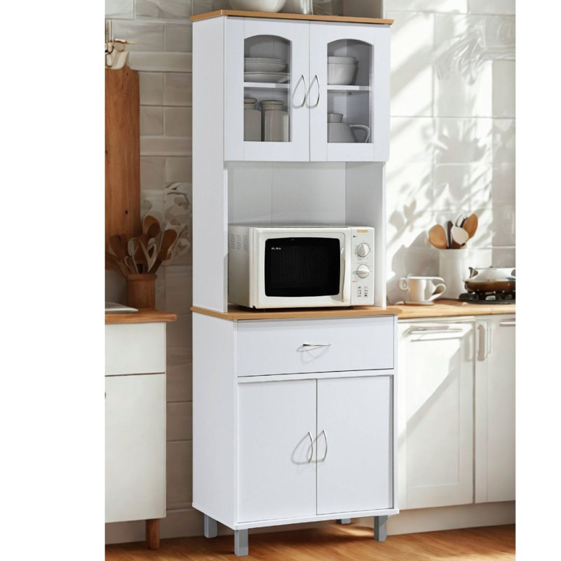 Kitchen Cabinet 23.6 inch Wide Freestanding China Display Hutch with Storage, Microwave Shelf and Utensil Drawer,, White