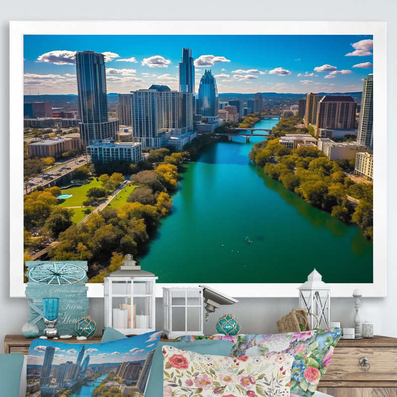 " Austin Dynamic Cityscape II ", 12" H x 20" W x 1" D, White Picture Framed