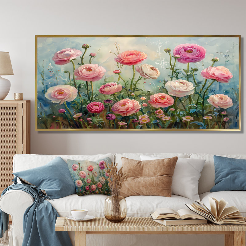 Garden Of Love Pink Green Ranunculus - Ranunculus Wall Decor, Gold Floater Framed, 28" H x 60" W