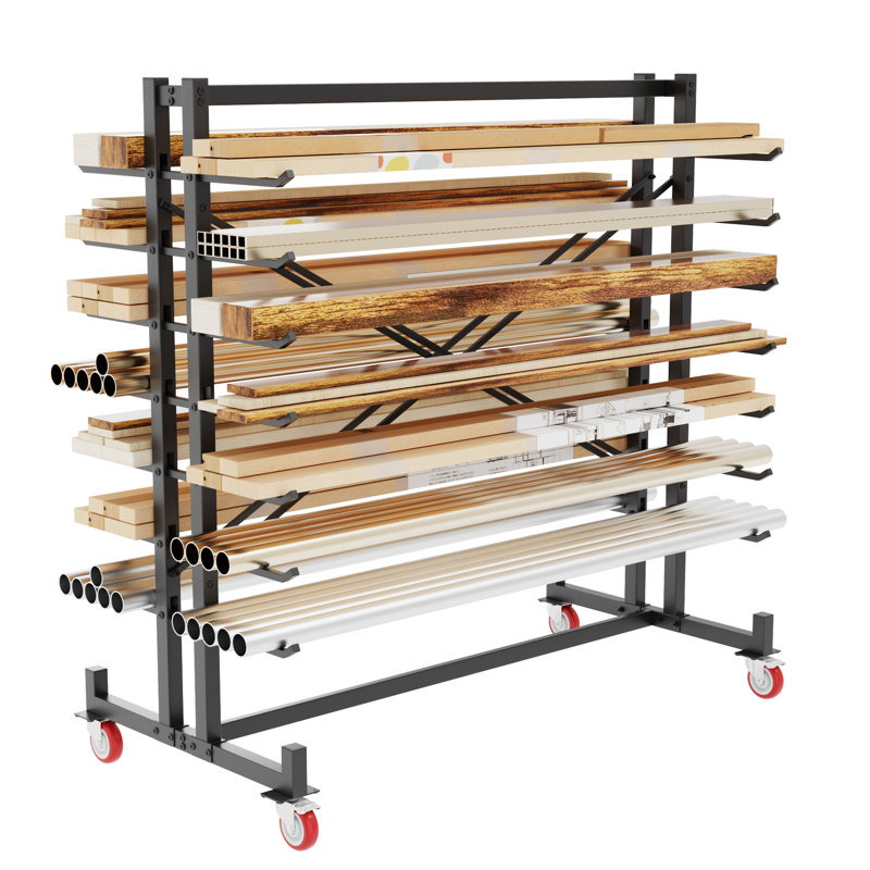Heavy-Duty Mobile Lumber Rack & Pipe Rack | 8-Bin Storage System with 2,000 LB Load Rating​ | Industrial Rolling Platform Base, Fork Pockets & Locking Casters