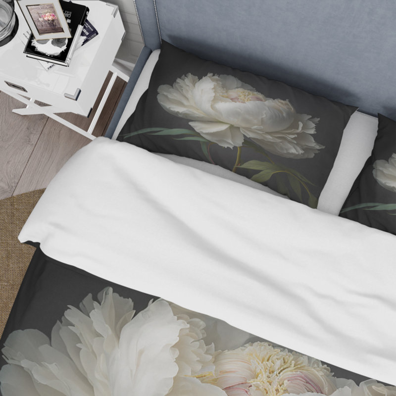 Ensemble d'édredon floral 4 pièces - Ensemble de literie et coussin décoratif Blooming White Peony VI
