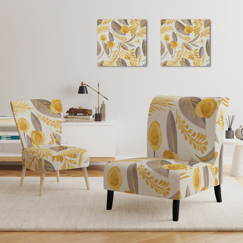 Accent Chair, Beige Floral Pattern Upholstered Decor - Beige Floral Pattern II, Yellow/Gray
