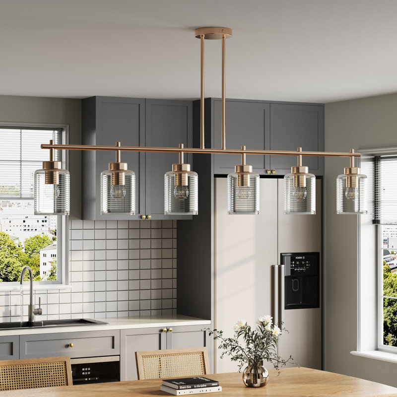 Lustre linéaire 6 lumières pour îlot de cuisine doré avec abat-jour en verre