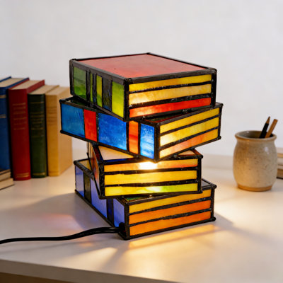 Lampe de table en forme de livre (verre, ampoule E12 chaude incluse) | Contrôle de cordon US Plug