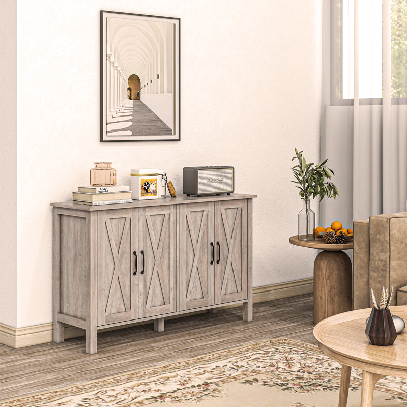 Zeinab Rustic X-Barn Door Sideboard-Multi-Functional Coffee Bar Cabinet with 4 Barn Doors and 2 Adjustable Shelves, Beige