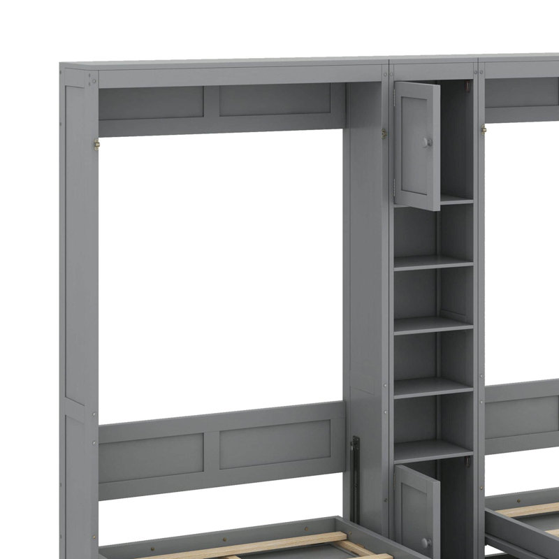 Double lit escamotable mural simple avec armoires et tablettes, cadre escamotable avec pieds convertibles et unité de rangement centrale
