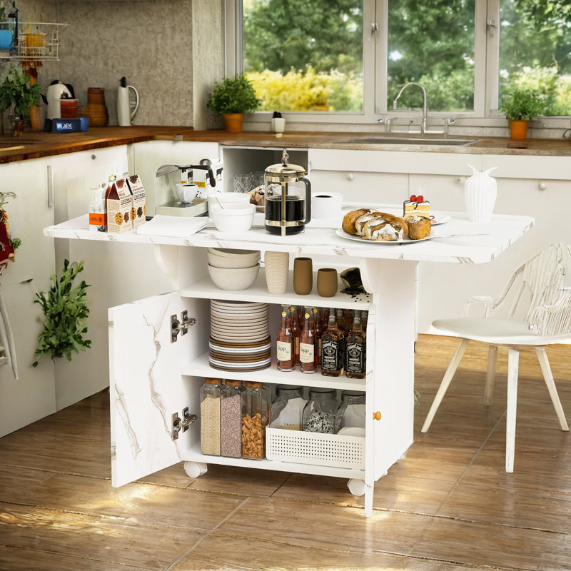 47" Wood Folding Dining Table With Storage Rack And Cabinet, Removable Entryway Table With 6 Wheels, White Marble Colour Kitchen Island, Side Table And Coffee Table Versatile Table
