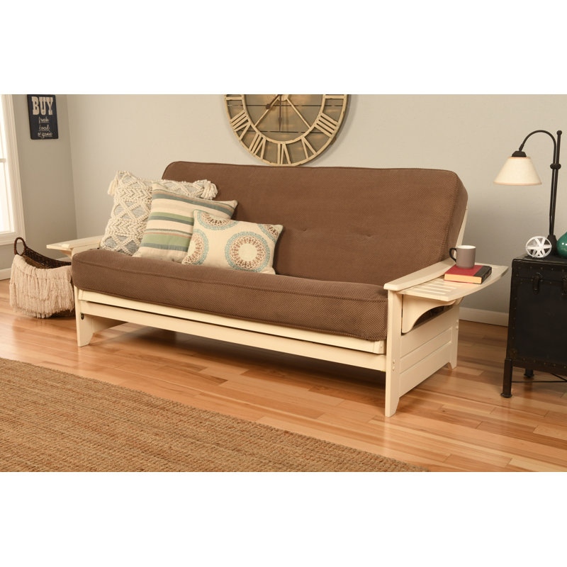 Johnte 82'' Wide Full Futon And Mattress, Antique White, Marmont Mocha Microsuede, Premium Pocket Coil