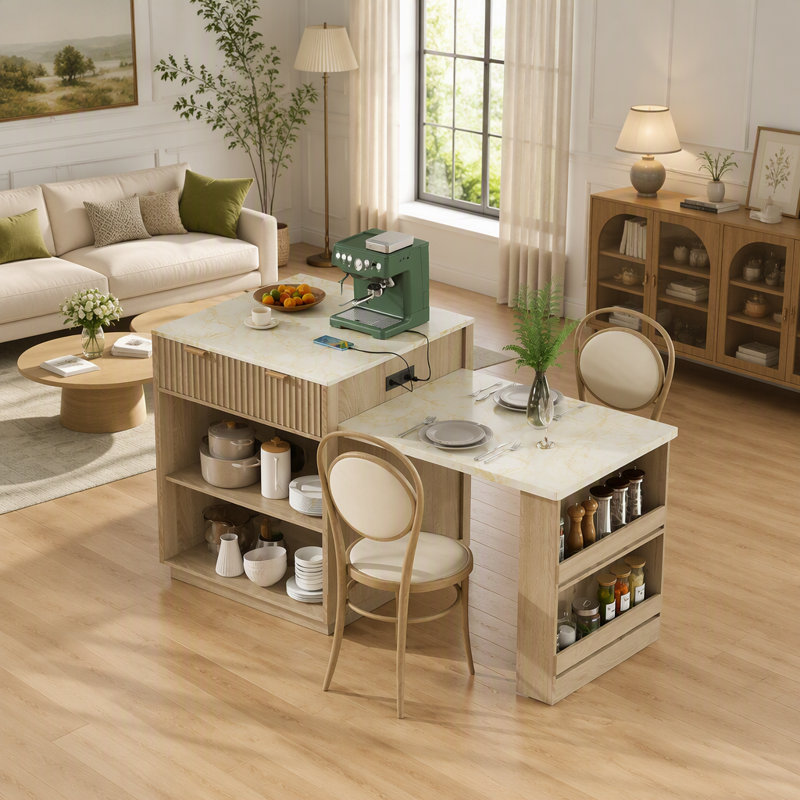 Îlot de cuisine cannelé de 210 cm avec table à manger extensible pour 4 à 6 personnes, rangement double face et prise électrique intégrée, chêne naturel