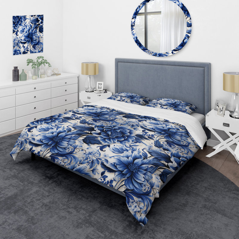 Blue Victorian Scrollwork Victorian Pattern I Floral Duvet Cover, Twin Duvet Cover + 1 Standard Sham