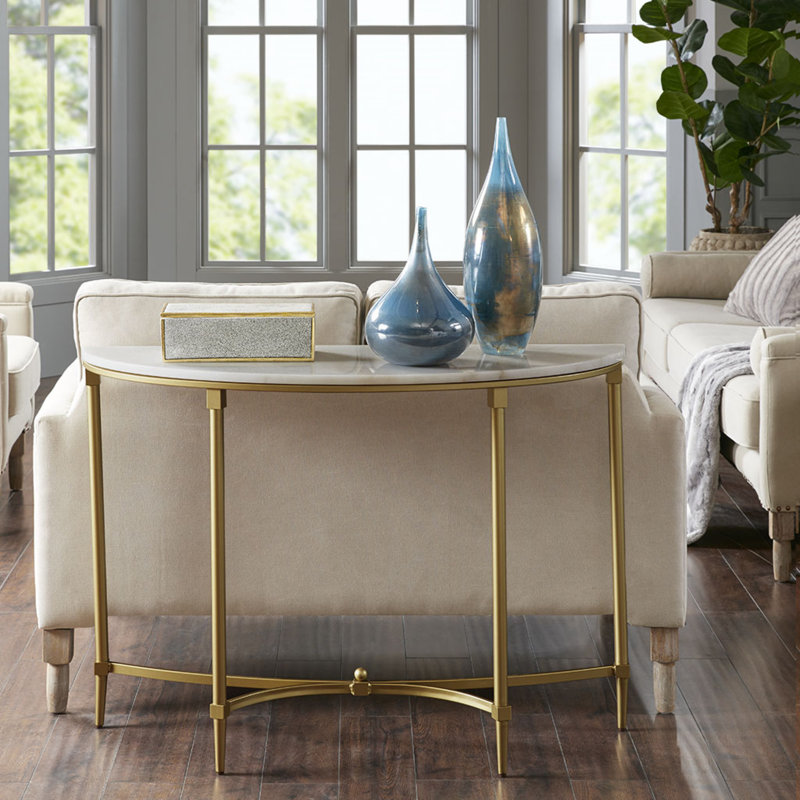  Console 42,5 po en marbre, table d'appoint étroite avec cadre en métal doré pour le salon ou le bureau, or blanc