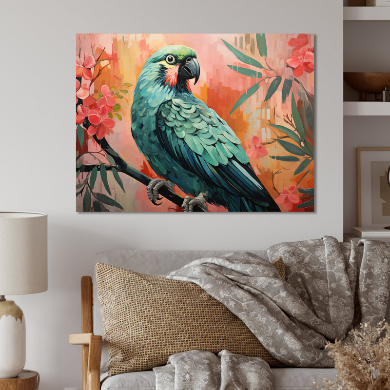 «Blue and Pink Parrot Paradise III», art mural en métal, H 16 po x l 32 po x P 1 po