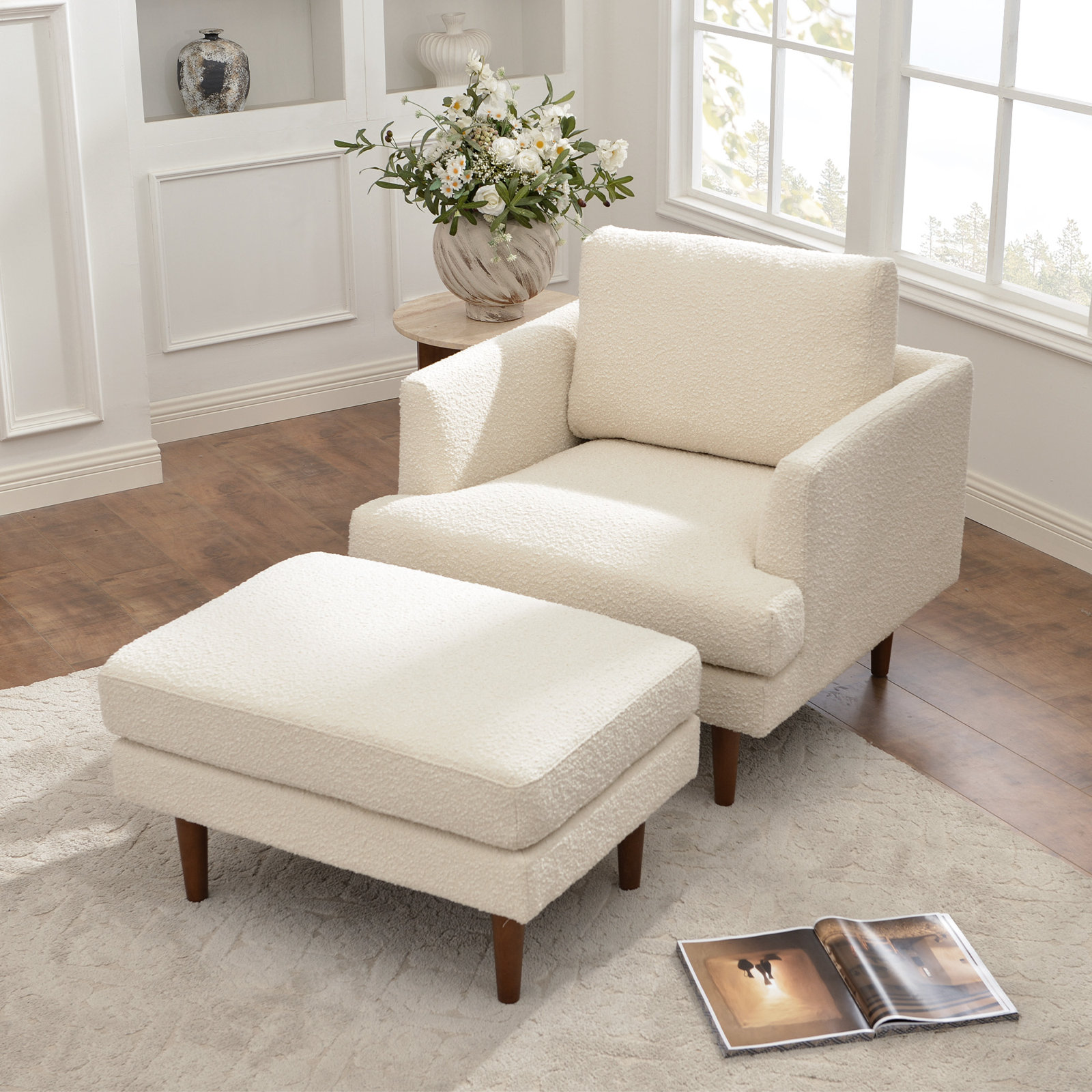 Miller 35'' W Upholstered Armchair With Ottoman, Cream Boucle