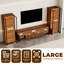 Meuble audio-vidéo 125,9 po brun avec tablettes pour téléviseur 55/58/65/70/75 po, meuble télé à pieds évasés en bois avec pieds en noyer moderne avec bibliothèque en verre éclairé, console multimédia avec tiroirs et rangement pour le salon-1205142313