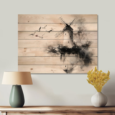 Minimalist Windmill And Birds - Windmills Wood Wall Art On Natural Pine Wood
