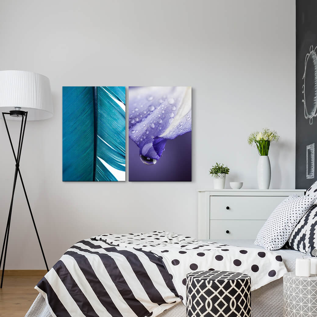 2-tlg. Leinwandbilder-Set - Fotografie „Feather Turquoise Water Pearl Drop Flower Violet”