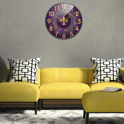 Naanle Mardi Gras Holiday Fleur De Lis Round Wall Clock, 12 Inch Silent Battery Operated Quartz Analog Quiet Desk Clock For Home,Office,School