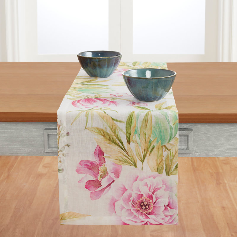 Peonies - 100% Linen Printed Table Runner, 90" x 14"