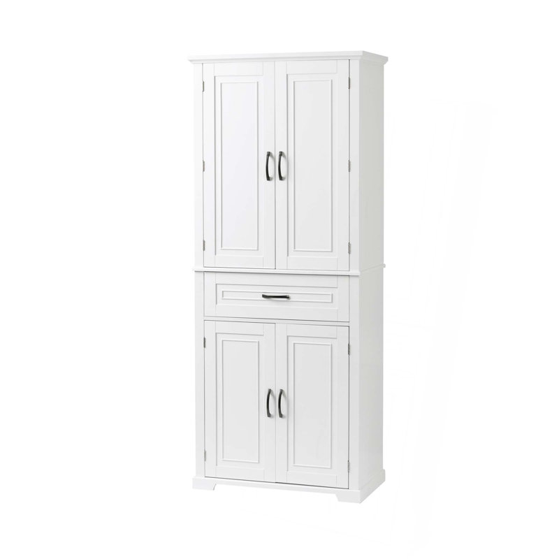 Armoire de rangement pour salle de bain avec portes et tiroir, plusieurs espaces de rangement, tablette réglable, Blanc